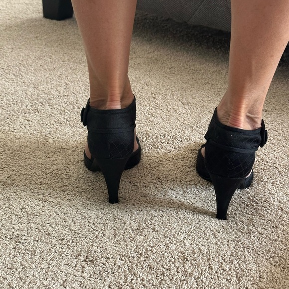 Authentic Chanel black satin heels with round toe and ankle button closure. - Picture 7 of 10